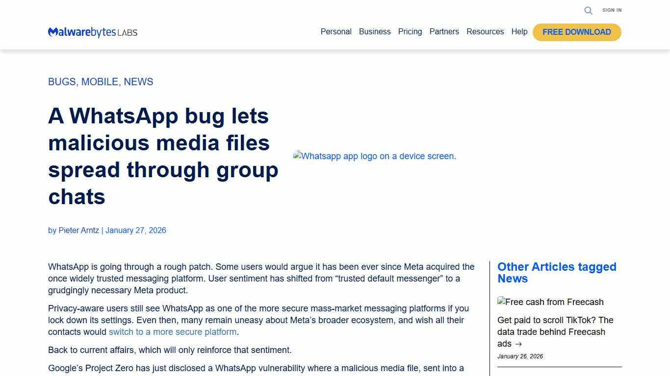 A WhatsApp bug lets malicious media files spread through group chats Malwarebytes