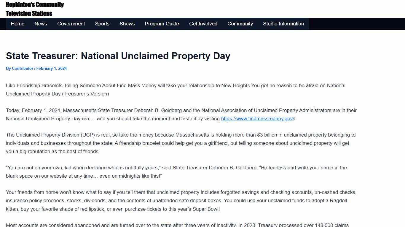State Treasurer: National Unclaimed Property Day – HCAM Television